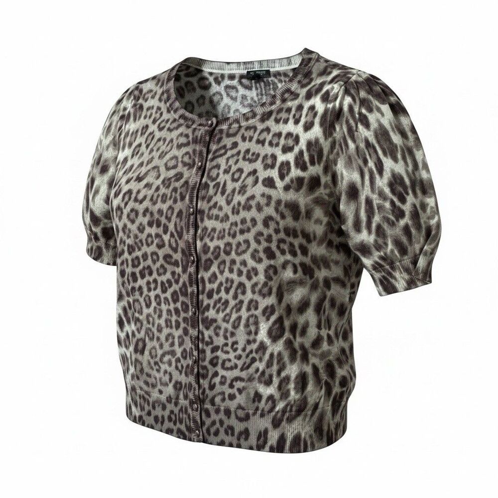Talbots Womens Cardigan Size M Brown Animal Print Button Up Short Sleeve